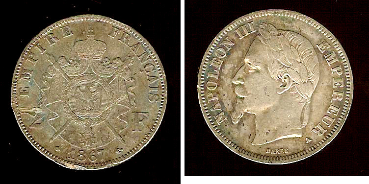 2 francs Napoléon III, tête laurée 1867 Paris TTB+